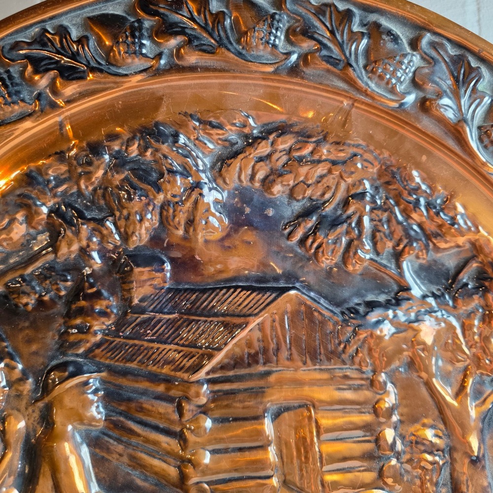 Vintage Embossed Copper Plate 'Settlers Scene' Log Cabin Oak Leaf Border 19.5" - Picture 6 of 11